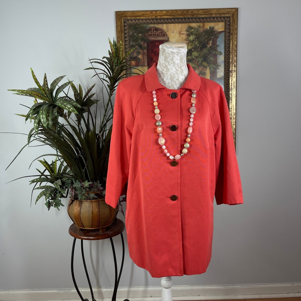 Rafaella Swing Coat Women Large Coral Orange Cotton Blend Button Front Trench